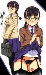 Rule 34 | 1girl, bad id, bad twitter id, black hair, blazer, blunt bangs, blush, braid, breasts, brown eyes, cleft of venus, clothes lift, coat, commentary request, crotchless, crotchless panties, egg vibrator, freckles, garter belt, garter straps, glasses, jacket, jimiko, kamisimo 90, looking at viewer, medium breasts, multiple views, necktie, object insertion, original, panties, panties over garter belt, plain girl (kamisimo 90), pleated skirt, presenting, pussy, school uniform, sex toy, skirt, skirt lift, smile, sweat, thighhighs, twin braids, underwear, vaginal, vaginal object insertion, vibrator, vibrator in thighhighs