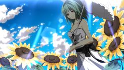 Rule 34 | 1girl, alternate costume, bad id, bad pixiv id, bow, breasts, cleavage, cloud, day, dress, female focus, flower, green hair, itoo, kazami yuuka, medium breasts, nature, outdoors, plant, red eyes, sky, solo, sunflower, touhou, umbrella