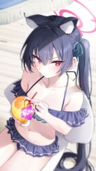 Rule 34 | 1girl, animal ears, bare shoulders, bikini, bikini skirt, black bikini, black hair, blue archive, blue ribbon, blush, breasts, cat ears, cleavage, closed mouth, collarbone, commentary request, drinking straw, food, from above, fruit, hair ornament, hair ribbon, halo, highres, holding, large breasts, long hair, looking at viewer, looking up, navel, off shoulder, orange (fruit), orange slice, purple eyes, ribbon, serika (blue archive), serika (swimsuit) (blue archive), sitting, solo, swimsuit, twintails, very long hair, yamamura umi