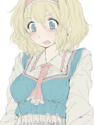 Rule 34 | 1girl, alice margatroid, ascot, blonde hair, blue eyes, blush, breasts, geppewi, hairband, open mouth, short hair, solo, touhou, white background