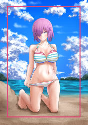Rule 34 | 1girl, absurdres, bare shoulders, barefoot, beach, bikini, bikini pull, blue sky, blush, border, breasts, cleavage, clothes pull, cloud, collarbone, commentary request, day, fate/grand order, fate (series), hair over one eye, highres, iyuki chi, kneeling, large breasts, looking at viewer, mash kyrielight, mash kyrielight (swimsuit of perpetual summer ver.02), navel, ocean, official alternate costume, outdoors, pink border, purple eyes, purple hair, rainbow bikini, short hair, sky, solo, swimsuit