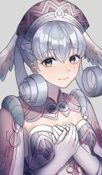 Rule 34 | 1girl, blue eyes, braid, breasts, cape, curly hair, dress, gloves, hat, head wings, highres, long hair, long sleeves, looking at viewer, medium breasts, melia antiqua, mirin., puffy sleeves, silver hair, simple background, smile, solo, staff, thighhighs, upper body, wings, xenoblade chronicles (series), xenoblade chronicles 1