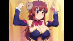 Rule 34 | 1girl, ahoge, blue collar, blue sleeves, blush, bow, bowtie, breasts, brown eyes, brown hair, cleavage, closed mouth, collar, commentary request, curled horns, demon girl, demon horns, detached collar, detached sleeves, flexing, fuka (kantoku), highres, horns, large breasts, long hair, machikado mazoku, manatsu no yo no inmu, pillarboxed, red bow, red bowtie, solo, upper body, wavy mouth, yoshida yuuko (machikado mazoku)