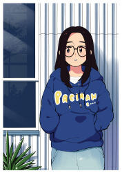 Rule 34 | 1girl, absurdres, aragon honnin, black hair, blue hoodie, copyright name, cowboy shot, drawstring, expressionless, glasses, hands in pocket, highres, hood, hood down, hoodie, long hair, long sleeves, original, pac-man, pac-man (game), parted lips, plant, reflection, solo, standing, window