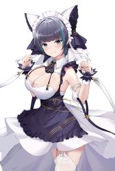 Rule 34 | absurdres, animal ears, azur lane, black hair, blue nails, blunt bangs, blush, breasts, cheshire (azur lane), closed eyes, dress, fake animal ears, frills, green eyes, green hair, headdress, highres, large breasts, looking at viewer, maid, maid headdress, multicolored clothes, multicolored dress, multicolored hair, nail polish, paw pose, ribbon, short hair, simple background, sleeveless, smile, solo, standing, streaked hair, thighhighs, tio (005), white background, white ribbon, white thighhighs, wrist cuffs