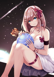 Rule 34 | 1girl, absurdres, bare shoulders, blue eyes, bow, breasts, brown hair, cleavage, closed mouth, collarbone, commentary request, dress, hair between eyes, hair bow, hair ornament, hairclip, halterneck, highres, holding, khibiki, knees up, large breasts, long hair, nijisanji, red bow, sidelocks, sitting, sleeveless, sleeveless dress, smile, solo, striped, striped bow, suzuhara lulu, thigh strap, twitter username, virtual youtuber, white dress, x hair ornament