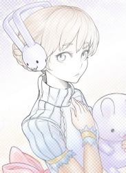 1girl blonde_hair blue_eyes bow eyelashes face female_focus hand_on_own_chest headphones masn_(moxi) original rabbit short_hair solo stuffed_animal stuffed_rabbit stuffed_toy turtleneck wrist_cuffs