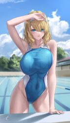 Rule 34 | 1girl, blonde hair, blue eyes, blue one-piece swimsuit, blue sky, breasts, cloud, commentary request, competition swimsuit, covered navel, cowboy shot, day, hairband, highleg, highleg swimsuit, highres, large breasts, medium hair, one-piece swimsuit, original, outdoors, pool, second-party source, sky, solo, standing, swimsuit, water, white hairband, yabacha