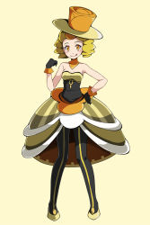 Rule 34 | 1girl, :q, bare arms, battle chatelaine, black gloves, blonde hair, blush, breasts, cleavage, commentary, creatures (company), eyelashes, full body, game freak, gloves, hand on own hip, hand up, hat, looking at viewer, nintendo, nita (pokemon), orange eyes, pantyhose, pokemon, pokemon xy, shoes, short hair, simple background, smile, solo, stand, tongue, tongue out, top hat, tsukishiro saika, yellow background, yellow footwear