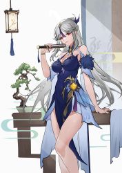 Rule 34 | 1girl, absurdres, bare shoulders, blue collar, blue dress, bonsai, bracelet, breasts, claw ring, cleavage, collar, commentary, detached sleeves, dress, egasumi, feet out of frame, folding fan, fur-trimmed sleeves, fur trim, gem, genshin impact, grey hair, hair ornament, hair tassel, half updo, hand fan, hand on table, hand up, highres, holding, holding fan, jewelry, lantern, long hair, looking at viewer, ningguang (genshin impact), ningguang (orchid&#039;s evening gown) (genshin impact), official alternate costume, paradox (parapa), parted bangs, red eyes, short sleeves, sidelocks, smile, solo, standing, tassel, tassel hair ornament, vision (genshin impact)