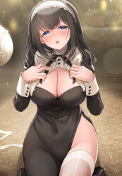 Rule 34 | 1girl, black dress, black footwear, black hair, black ribbon, blue eyes, blush, breasts, cleavage, commentary request, covered navel, dress, habit, hands on own chest, hands up, highres, idolmaster, idolmaster cinderella girls, large breasts, lens flare, long sleeves, looking at viewer, mk (mod0), neck ribbon, open mouth, ribbon, sagisawa fumika, side slit, simple background, sitting, solo, thighhighs, white thighhighs, wrist cuffs
