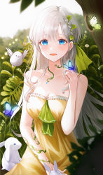 Rule 34 | 1girl, blue eyes, blush, braid, bug, butterfly, dress, highres, hini ni, insect, long hair, looking at viewer, open mouth, original, outdoors, rabbit, silver hair, single braid, smile, solo, tree, yellow dress