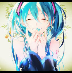 Rule 34 | 1girl, aqua eyes, aqua nails, bare shoulders, closed eyes, covering own mouth, detached sleeves, floral background, grin, hatsune miku, kama ri, kamari (kama ri), letterboxed, nail polish, smile, solo, tattoo, twintails, upper body, vocaloid