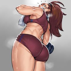 Rule 34 | 1girl, absurdres, ass, bad id, bad twitter id, bare shoulders, breasts, brown eyes, brown hair, buruma, captain mizuki, cowboy shot, dumbbell, from below, from side, gradient background, grey background, highres, krekkov, looking at viewer, medium breasts, midriff, muscular, muscular female, one-punch man, ponytail, sideboob, solo, sports bra, standing, steam, surprised, sweat, thick thighs, thighs, toned, towel
