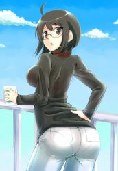 Rule 34 | 10s, 1girl, ass, black hair, breasts, cloud, drink, fence, glasses, lanyard, large breasts, looking at viewer, open mouth, pantylines, semi-rimless eyewear, servant x service, short hair, sky, solo, sweater, yamagami lucy