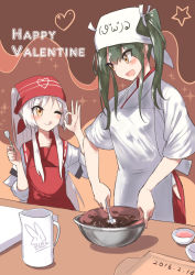 Rule 34 | 10s, 2girls, ;p, alternate hairstyle, apron, character request, chocolate, cooking, hair between eyes, head scarf, japanese clothes, kantai collection, long hair, looking at another, multiple girls, ok sign, one eye closed, open mouth, ponytail, sensen, shoukaku (kancolle), skirt, skirt set, stirring, tongue, tongue out, twintails, valentine, white hair, yellow eyes, aged down, zui zui dance, zuikaku (kancolle)
