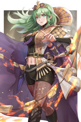 Rule 34 | 1girl, alternate costume, black pantyhose, breasts, byleth (fire emblem), cape, fire, fire emblem, fire emblem: three houses, gold, gonzarez, green eyes, green hair, highres, holding, holding weapon, large breasts, long hair, nintendo, pantyhose, shorts, tagme, weapon