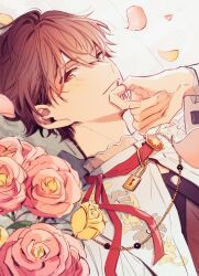 Rule 34 | 1boy, absurdres, blush, brown hair, closed mouth, commentary, ensemble stars!, finger ribbon, fingernails, flower, hand up, highres, long sleeves, looking at viewer, lying, male focus, morisawa chiaki, ninomiya (t 238 t), official alternate costume, petals, pink flower, pink ribbon, red eyes, ribbon, rose, short hair, smile, solo, yellow flower, yellow rose