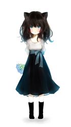 Rule 34 | 1girl, absurdres, animal ears, arms behind back, black hair, boots, cat ears, child, dress, flower, highres, koneko mari, long hair, looking at viewer, simple background, solo, white background
