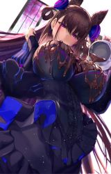 Rule 34 | 1girl, bad id, bad twitter id, black dress, breasts, brown hair, chocolate, chocolate on body, chocolate on breasts, cone hair bun, double bun, dress, fate/grand order, fate (series), food on body, frills, hair between eyes, hair bun, hair ornament, hand up, highres, holding jug, indoors, large breasts, long hair, long sleeves, looking at viewer, murasaki shikibu (fate), parted lips, pouring, pouring onto self, puffy sleeves, purple eyes, satou daiji, sleeves past wrists, solo, two side up, umbrella, very long hair