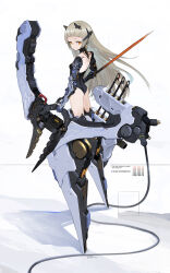 Rule 34 | 1girl, akefumi, arms at sides, ass, black leotard, blunt bangs, breasts, cable, english text, from behind, grey hair, headgear, highres, holding, holding polearm, holding weapon, leotard, long hair, looking at viewer, looking back, machinery, mecha musume, mechanical arms, mechanical legs, mechanical spine, motor vehicle, orange eyes, original, polearm, science fiction, sideways glance, simple background, small breasts, very long hair, weapon, white background