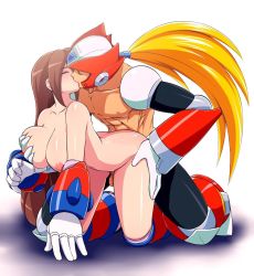 Rule 34 | 1boy, 1girl, abs, all fours, android, bent over, beret, blonde hair, blush, boots, grabbing another&#039;s breast, breasts, breasts squeezed together, brown hair, capcom, closed eyes, clothed male nude female, clothed sex, couple, covered erect nipples, deep skin, doctor zexxck, doggystyle, french kiss, gloves, grabbing, hat, unworn headwear, helmet, unworn helmet, hetero, huge breasts, iris (mega man), joints, kiss, kneeling, knees, large areolae, large breasts, leg lift, legs, long hair, mega man (series), mega man x4, mega man x (series), navel, nipples, nude, open mouth, penis, ponytail, pussy, robot joints, sex, sex from behind, shiny skin, simple background, spread legs, sweat, testicles, tongue, uncensored, vaginal, very long hair, white background, white gloves, wince, zero (mega man)