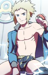 Rule 34 | 1boy, absurdres, alolan boy, bad id, bad twitter id, blonde hair, blue eyes, blue jacket, briefs, bulge, closed mouth, clothes pull, collarbone, commentary, creatures (company), electricity, english commentary, game freak, gym leader, highres, holding, holding poke ball, jacket, long sleeves, looking at viewer, male focus, male underwear, navel, nintendo, off shoulder, open clothes, open jacket, pants, pants around one leg, pants pull, poke ball, poke ball (basic), pokemon, pokemon dppt, short hair, sitting, smile, solo, spiked hair, spread legs, underwear, volkner (pokemon)
