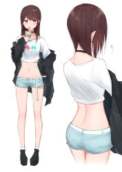 Rule 34 | 1girl, ass, back, belt, black choker, black footwear, black jacket, blue shorts, brown eyes, brown hair, choker, collarbone, commentary request, crop top, crossed arms, cup, disposable cup, drinking, drinking straw, earrings, from behind, hand on own hip, highres, holding, holding cup, jacket, jewelry, kanju, long hair, long sleeves, looking at viewer, micro shorts, midriff, multiple views, navel, off shoulder, open clothes, open jacket, original, shirt, short shorts, shorts, sidelocks, simple background, socks, space invaders, standing, starbucks, stomach, thighs, white background, white legwear, white shirt