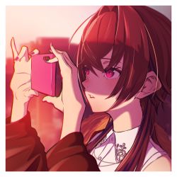 Rule 34 | 1girl, black hair, black jacket, border, cellphone, commentary request, fingernails, hair intakes, highres, holding, holding phone, ichinose uruha, jacket, jacket partially removed, lips, long hair, long sleeves, looking away, lupinus virtual games, nail polish, parted lips, phone, pink nails, portrait, purple eyes, shirt, sleeveless, sleeveless shirt, smartphone, solo, sunlight, t4tam1, teeth, virtual youtuber, vspo!, white border, white shirt
