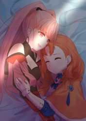 Rule 34 | 2girls, annette fantine dominic, bed, breasts, capelet, cleavage, closed mouth, earrings, closed eyes, female focus, fire emblem, fire emblem: three houses, gloves, highres, hilda valentine goneril, hoop earrings, jewelry, long hair, lying, matching hair/eyes, medium breasts, multiple girls, nintendo, aged up, on side, open mouth, orange hair, pink eyes, pink hair, ponytail, smile, transistor, upper body