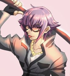 Rule 34 | 10s, 1boy, flipped hair, grin, jewelry, looking at viewer, male focus, mirokuji yuuya, popped collar, purple hair, re:creators, simple background, smile, solo, sunglasses, sword, weapon