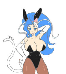 Rule 34 | 1girl, :p, ahoge, animal ears, arm behind head, blue eyes, blue hair, breasts, capcom, cat ears, cat girl, cat tail, claws, cleavage, fake animal ears, felicia (vampire), hand on own hip, highres, huge breasts, large breasts, long hair, looking at viewer, monster girl, pantyhose, playboy bunny, rabbit ears, tail, that-girl-whodraws, tongue, tongue out, vampire (game), white fur