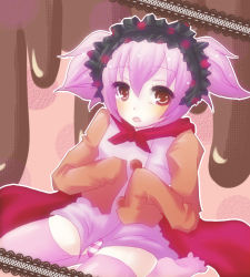 Rule 34 | 10s, cape, charlotte (madoka magica), kneeling, long sleeves, lowres, mahou shoujo madoka magica, mahou shoujo madoka magica (anime), open mouth, panties, personification, pink hair, pink thighhighs, red eyes, short twintails, solo, striped clothes, striped panties, thighhighs, twintails, underwear