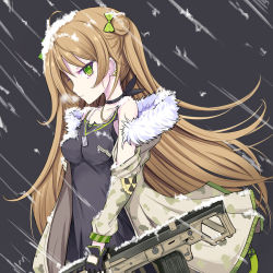 Rule 34 | 1girl, ahoge, assault rifle, black gloves, blush, bow, breasts, brown hair, bullpup, camouflage, choker, closed mouth, collarbone, dog tags, double bun, dress, earrings, expressionless, fingerless gloves, floating hair, fur-trimmed jacket, fur trim, girls&#039; frontline, gloves, green eyes, gun, hair bow, hair bun, heavy breathing, holding, holding gun, holding weapon, jacket, jewelry, kel-tec rfb, long hair, looking at viewer, medium breasts, multiple earrings, necklace, off shoulder, rfb (girls&#039; frontline), rifle, semi-automatic firearm, semi-automatic rifle, smile, snow, snow on body, snow on head, snowing, solo, sseopik, weapon, wind, wind lift