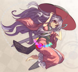 Rule 34 | 1girl, alternate hairstyle, barefoot, bowl, bowl hat, breasts, circle, commentary request, full body, hands on own head, hands up, hat, japanese clothes, kimono, long hair, long sleeves, looking at viewer, needle, needle sword, obi, purple eyes, purple hair, sash, sleeves pushed up, smile, solo, sukuna shinmyoumaru, syope, touhou, triangle, very long hair, wide sleeves