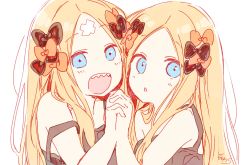 Rule 34 | 2girls, :d, abigail williams (fate), black bow, black dress, blue eyes, blush, bow, crossed bandaids, dress, dual persona, fate/grand order, fate (series), forehead, hair blowing, hand up, highres, holding hands, interlocked fingers, long hair, multiple girls, open mouth, orange bow, parted bangs, parted lips, sharp teeth, signature, simple background, smile, sofra, strap slip, teeth, upper body, very long hair, white background