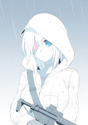 Rule 34 | 1girl, absurdres, android, aqua eyes, aqua theme, coat, commentary, expressionless, glowing, glowing eye, gun, hair between eyes, heterochromia, highres, hood, hood up, hooded coat, iberiko yuri, joints, long sleeves, looking at viewer, mechanical buddy universe, momdroid (mechanical buddy universe), monochrome, overcoat, rain, red eyes, robot joints, short hair, solo, spot color, submachine gun, weapon
