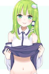 Rule 34 | 1girl, :p, absurdres, bad id, bad pixiv id, bare shoulders, blush, breasts, clothes lift, detached sleeves, from behind, green eyes, green hair, hair ornament, hair tubes, highres, kochiya sanae, lifting own clothes, blue background, long hair, looking at viewer, medium breasts, navel, shirt, simple background, skirt, skirt lift, snake hair ornament, solo, stigma1101, tongue, tongue out, touhou, white shirt