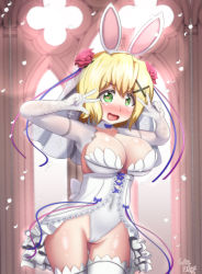 Rule 34 | 1girl, akatsuki kirika, animal ears, blonde hair, blush, breasts, bridal gauntlets, cameltoe, choker, commission, covered navel, detached sleeves, frills, green eyes, hair ornament, jewelry, large breasts, leotard, long hair, looking at viewer, open mouth, pikeru (artist), rabbit ears, ring, senki zesshou symphogear, shiny skin, smile, solo, standing, thighhighs, twintails, veil, white thighhighs, x hair ornament