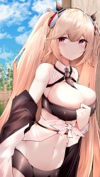 Rule 34 | 1girl, :/, absurdres, ahoge, anchorage (azur lane), areola slip, azur lane, bare shoulders, between breasts, bike shorts, black legwear, black neckwear, blush, breasts, center opening, cleavage, closed mouth, cowboy shot, detached sleeves, fence, hair flaps, hand on own chest, headgear, highres, large breasts, light brown hair, long hair, midriff, navel, purple eyes, samip, sideways glance, sky, sleeveless, solo, strapless, tube top, twintails, very long hair