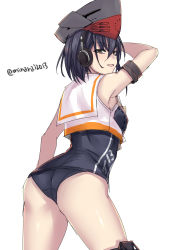 Rule 34 | 1girl, ass, asymmetrical hair, black hair, brown eyes, character name, cowboy shot, framed breasts, from behind, hair between eyes, hat, headphones, highres, i-13 (kancolle), kantai collection, minarai, one-hour drawing challenge, sailor collar, school swimsuit, short hair, simple background, solo, standing, swimsuit, swimsuit under clothes, twitter username, white background