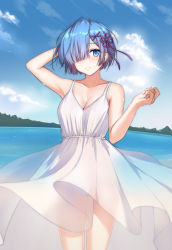 Rule 34 | 1girl, :d, arm behind head, arm up, armpits, bare arms, bare shoulders, blue eyes, blue hair, collarbone, commentary request, dress, feet out of frame, flower knot, grin, hair ornament, hair over one eye, hair ribbon, hand up, highres, looking at viewer, mountainous horizon, open mouth, panties, purple ribbon, qingchen (694757286), re:zero kara hajimeru isekai seikatsu, rem (re:zero), ribbon, see-through, short hair, sleeveless, sleeveless dress, smile, solo, standing, sundress, underwear, water, white dress, white panties, x hair ornament