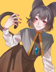 Rule 34 | 1girl, absurdres, animal ears, capelet, commentary request, commission, dress, grey capelet, grey dress, grey hair, highres, jewelry, long sleeves, looking at viewer, mouse ears, mouse girl, mouse tail, nasu1225, nazrin, parted lips, pendant, red eyes, red nails, short hair, simple background, skeb commission, smile, solo, tail, touhou, yellow background