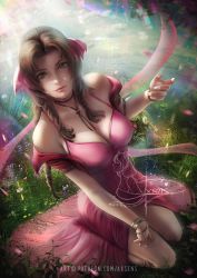 Rule 34 | 1girl, aerith gainsborough, artist name, axsen, basket, black choker, bracelet, breasts, brown hair, choker, cleavage, closed mouth, day, dress, final fantasy, final fantasy vii, final fantasy vii remake, fingernails, forehead, from above, full body, green eyes, hand on own thigh, highres, jacket, jewelry, large breasts, long fingernails, long hair, looking at viewer, looking up, meadow, off shoulder, on grass, on ground, open clothes, open jacket, outdoors, petals, pink dress, red jacket, short sleeves, signature, sitting, smile, solo, sunlight, tri braids, wariza, watermark, web address