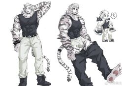 Rule 34 | 1boy, ?, animal ears, arknights, arm behind head, bara, bare arms, black pants, black tank top, boxers, bulge, covered abs, deformed, facial hair, full body, furry, furry male, goatee, grey male underwear, hujusheng, large pectorals, looking away, male focus, male underwear, mature male, mountain (arknights), muscular, muscular male, pants, pectorals, short hair, shy, spoken question mark, sprite, sprite art, standing, tank top, thick eyebrows, tiger boy, tiger ears, underwear, undressing, white fur