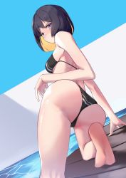 Rule 34 | 1girl, absurdres, ass, back, barefoot, bikini, black bikini, black hair, blonde hair, blush, bob cut, breasts, cameltoe, embarrassed, foreshortening, from behind, hair ornament, hairpin, hand on own hip, highres, looking at viewer, looking back, medium breasts, multicolored hair, pompmaker1, pomuko (pompmaker1), pool, purple eyes, shiny skin, short hair, sky, soles, striped, swimsuit, thighs, virtual youtuber, wall, water