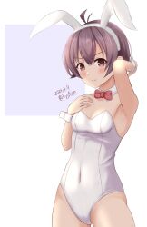 Rule 34 | 1girl, ame-san, animal ears, bow, bowtie, breasts, brown eyes, covered navel, dated, detached collar, fake animal ears, highres, kantai collection, leotard, playboy bunny, purple hair, rabbit ears, rabbit tail, sakawa (kancolle), short hair, signature, small breasts, smile, solo, strapless, strapless leotard, tail, traditional bowtie, white background, white leotard, wrist cuffs