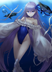 Rule 34 | 1girl, absurdres, bare shoulders, bird, blue choker, blue eyes, blue one-piece swimsuit, blue ribbon, choker, collarbone, commentary request, fate/grand order, fate (series), frills, hair between eyes, hair ribbon, highres, in water, long hair, long sleeves, looking at viewer, meltryllis, meltryllis (fate), meltryllis (swimsuit lancer) (fate), meltryllis (swimsuit lancer) (second ascension) (fate), one-piece swimsuit, penguin, peppertomo, ribbon, sleeves past fingers, sleeves past wrists, solo, swimsuit, very long hair, white ribbon
