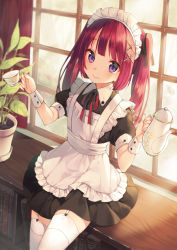 Rule 34 | 1girl, apron, black dress, blunt bangs, blush, book, bookshelf, cup, curtains, dress, garter straps, hair ornament, hair ribbon, hairclip, indoors, long hair, looking at viewer, maid, maid apron, maid headdress, midorikawa you, moe2015, neck ribbon, original, plant, potted plant, purple eyes, red hair, ribbon, short sleeves, sitting, smile, solo, sunlight, teacup, teapot, thighhighs, twintails, white thighhighs, window, wrist cuffs, zettai ryouiki
