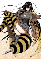 Rule 34 | 1girl, antennae, arthropod girl, ass, bee girl, black hair, breasts, cleavage, drooling, extra arms, gloves, highres, insect girl, large breasts, long hair, monster girl, one eye closed, saliva, sangyou haikibutsu (turnamoonright), solo, stinger, striped legwear, wings, wink, yellow eyes